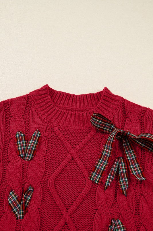 Women’s Plaid Bow Puff Sleeve Cable Knit Christmas Sweater | Zarnesh
