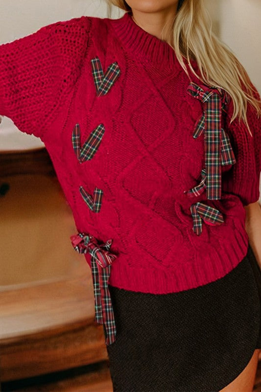 Women’s Plaid Bow Puff Sleeve Cable Knit Christmas Sweater | Zarnesh