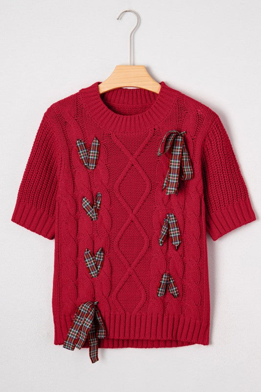 Women’s Plaid Bow Puff Sleeve Cable Knit Christmas Sweater | Zarnesh
