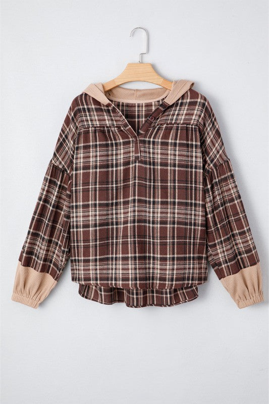 Women’s Plaid Long Sleeve Patchwork Quarter-Button Hooded Shirt | Zarnesh