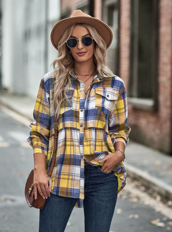 Women’s Plaid Button Down Peplum Shirt Long Sleeve | Zarnesh