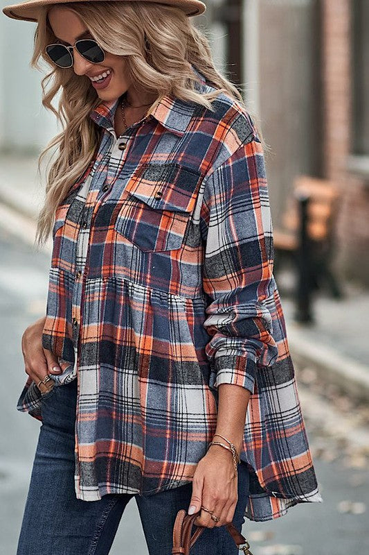 Women’s Plaid Button Down Peplum Shirt Long Sleeve | Zarnesh