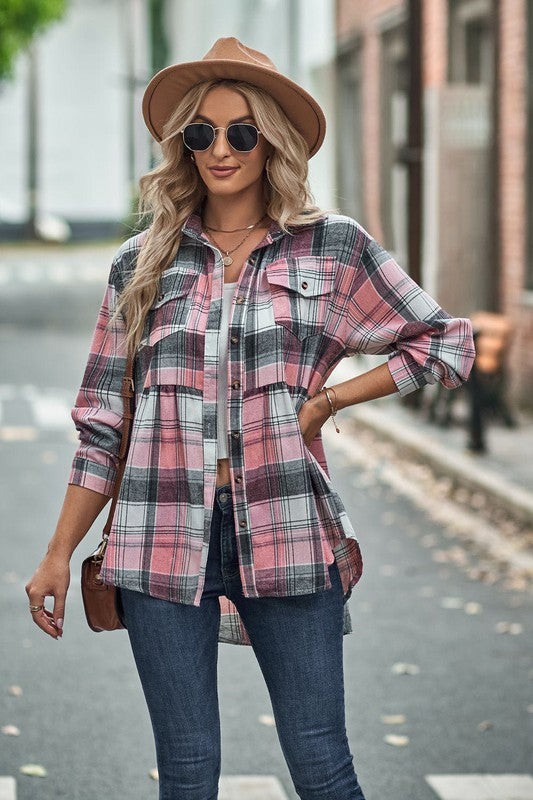 Women’s Plaid Button Down Peplum Shirt Long Sleeve | Zarnesh