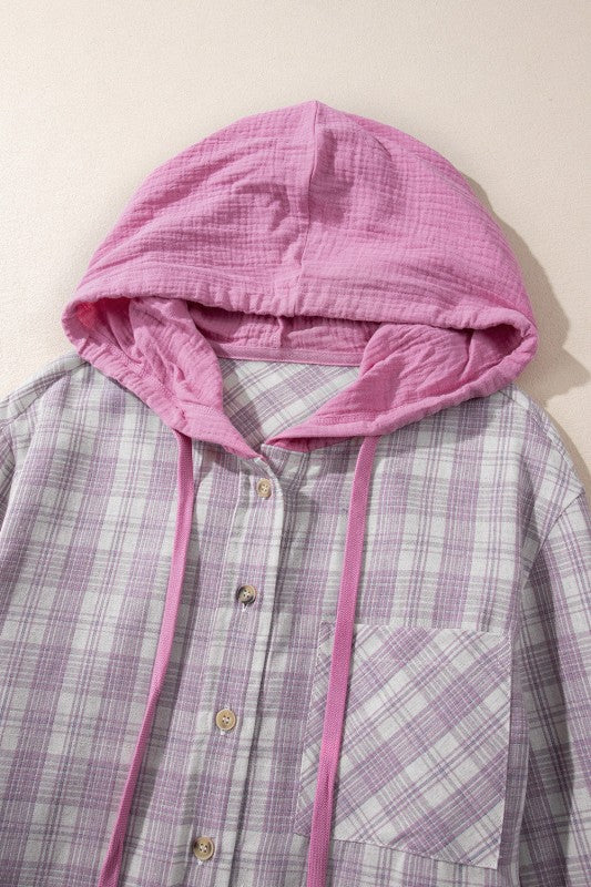 Women’s Plaid Checker Button Up Hooded Shacket | Zarnesh