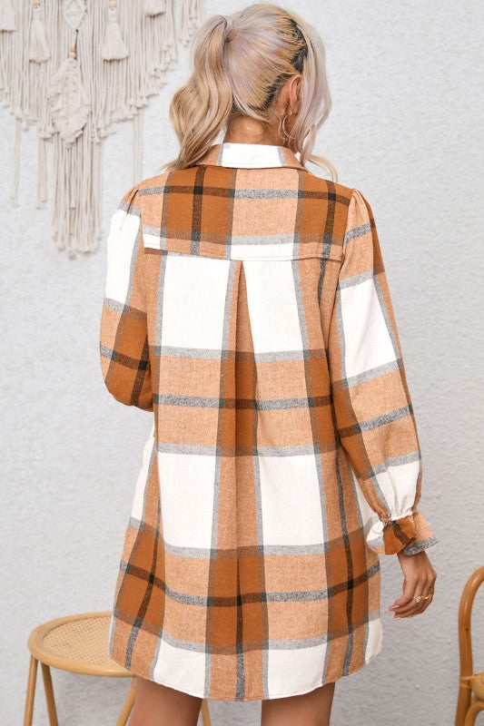 Women’s Plaid Collared Neck Ruffle Sleeve Shirt Dress | Zarnesh