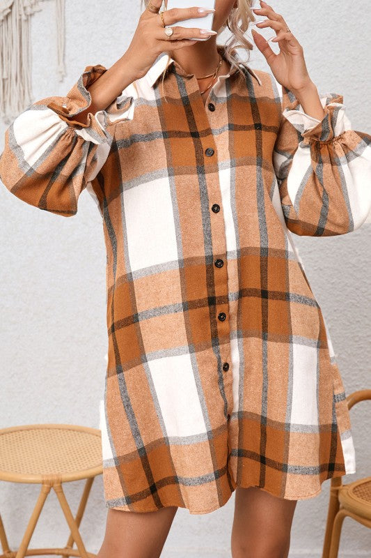 Women’s Plaid Collared Neck Ruffle Sleeve Shirt Dress | Zarnesh