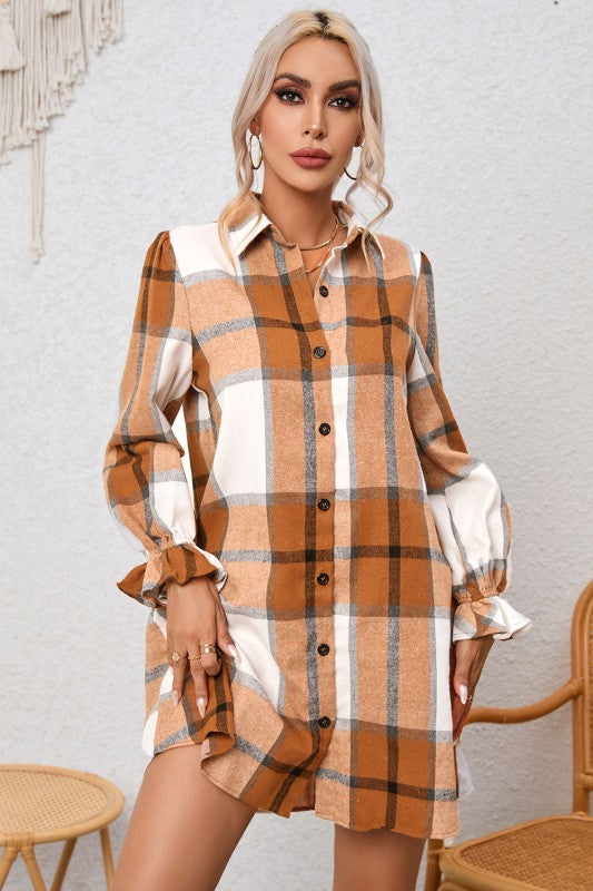 Women’s Plaid Collared Neck Ruffle Sleeve Shirt Dress | Zarnesh