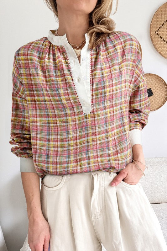 Women’s Plaid Colorblock Long Sleeve Patchwork Henley Blouse | Zarnesh
