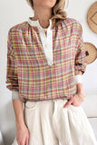 Women’s Plaid Colorblock Long Sleeve Patchwork Henley Blouse | Zarnesh