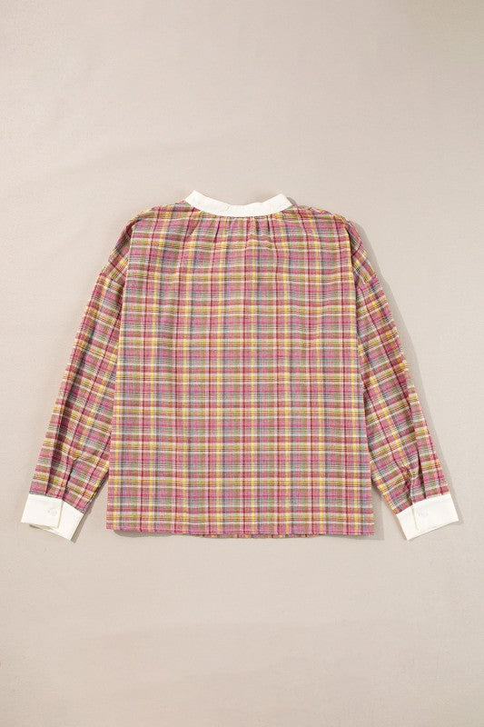 Women’s Plaid Colorblock Long Sleeve Patchwork Henley Blouse | Zarnesh