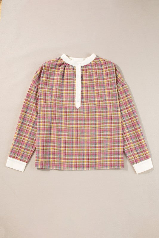 Women’s Plaid Colorblock Long Sleeve Patchwork Henley Blouse | Zarnesh