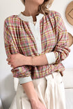 Women’s Plaid Colorblock Long Sleeve Patchwork Henley Blouse | Zarnesh