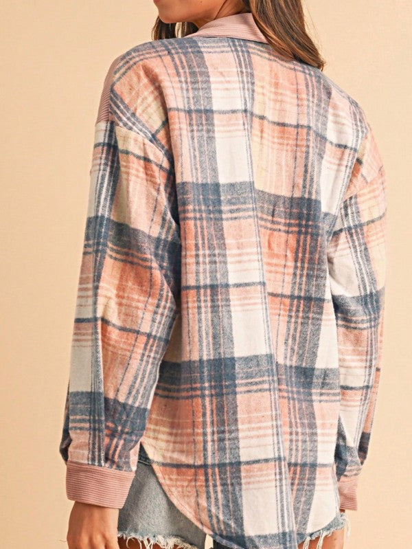 Women's Plaid Corduroy Patch Pocket Loose Shacket Shirt | Zarnesh