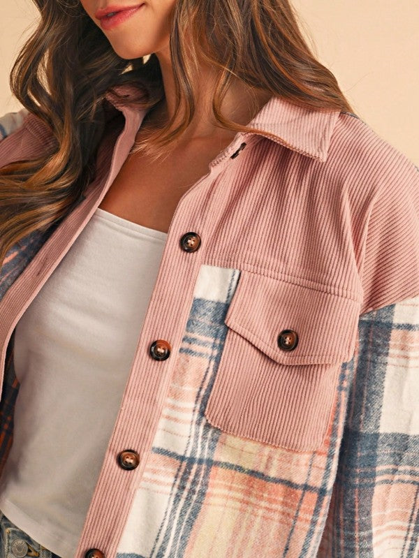 Women's Plaid Corduroy Patch Pocket Loose Shacket Shirt | Zarnesh