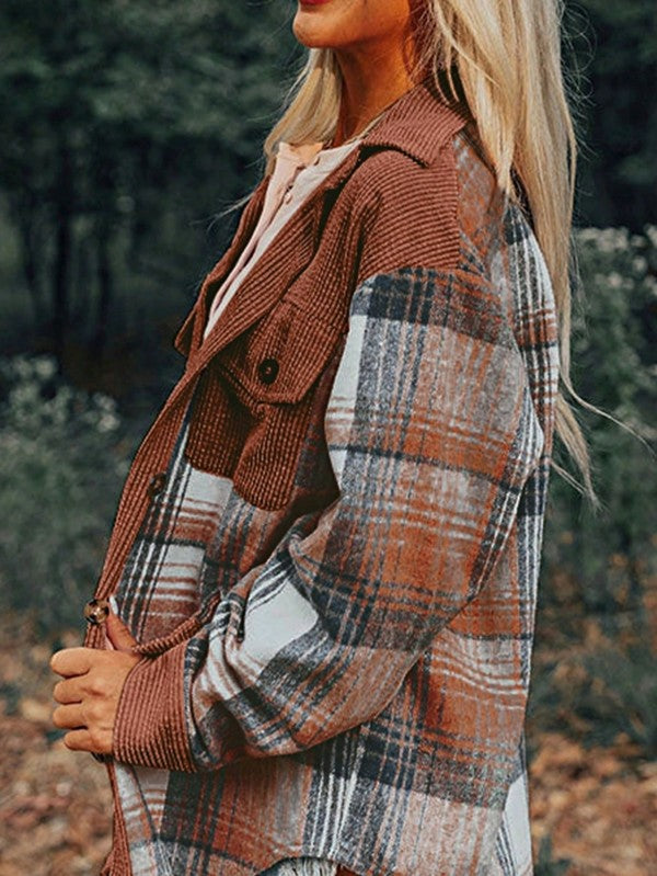 Women's Plaid Corduroy Patch Pocket Loose Shacket Shirt | Zarnesh