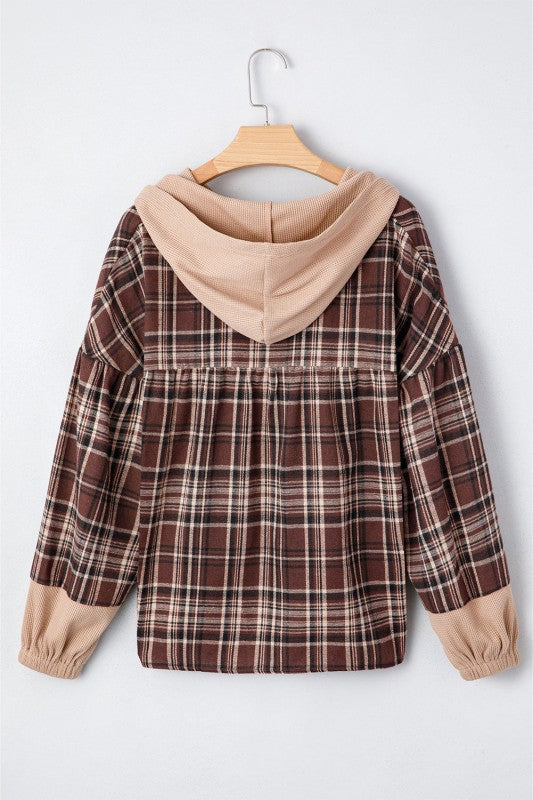 Women’s Plaid Long Sleeve Patchwork Quarter-Button Hooded Shirt | Zarnesh