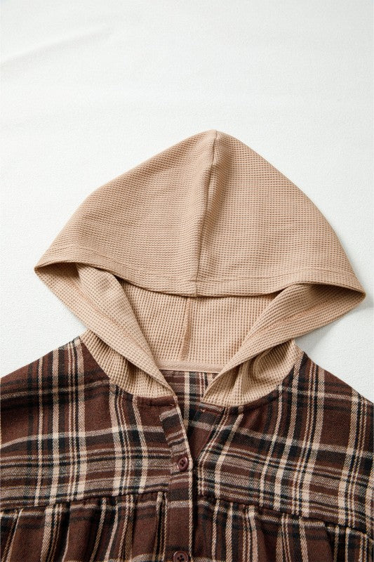 Women’s Plaid Long Sleeve Patchwork Quarter-Button Hooded Shirt | Zarnesh