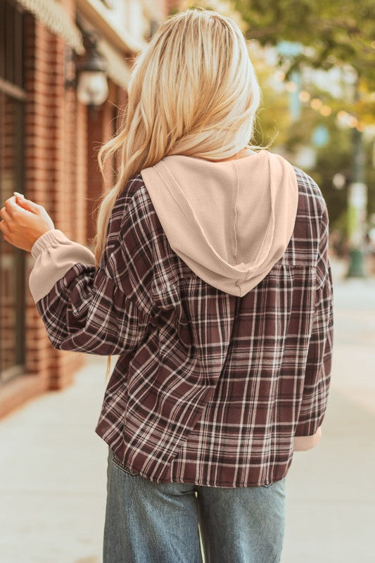 Women’s Plaid Long Sleeve Patchwork Quarter-Button Hooded Shirt | Zarnesh