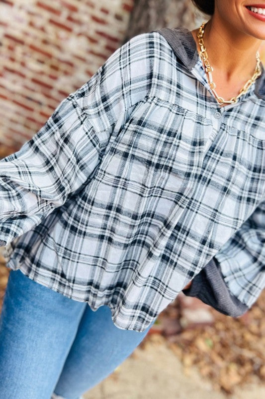 Women’s Plaid Long Sleeve Patchwork Quarter-Button Hooded Shirt | Zarnesh