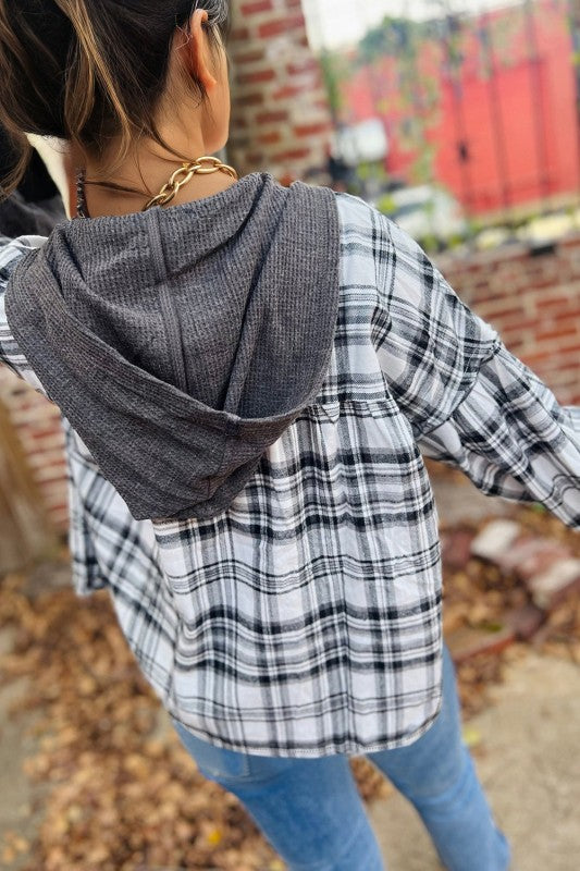 Women’s Plaid Long Sleeve Patchwork Quarter-Button Hooded Shirt | Zarnesh