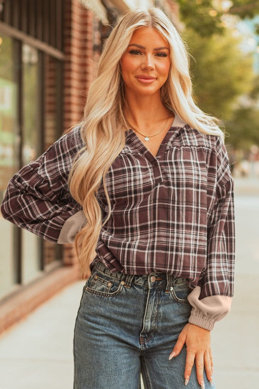 Women’s Plaid Long Sleeve Patchwork Quarter-Button Hooded Shirt | Zarnesh