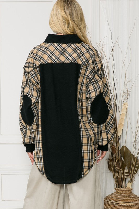 Women's Plaid Oversized Pockets Tunic Length Elbow Patch Shacket | Zarnesh