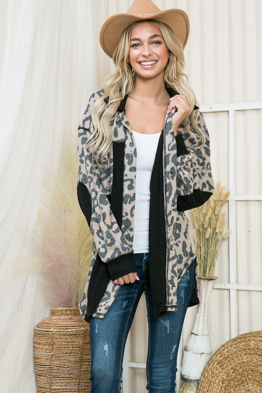 Women's Plaid Oversized Pockets Tunic Length Elbow Patch Shacket Zarnesh