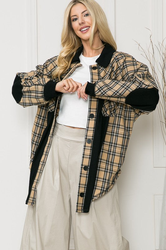 Women's Plaid Oversized Pockets Tunic Length Elbow Patch Shacket | Zarnesh