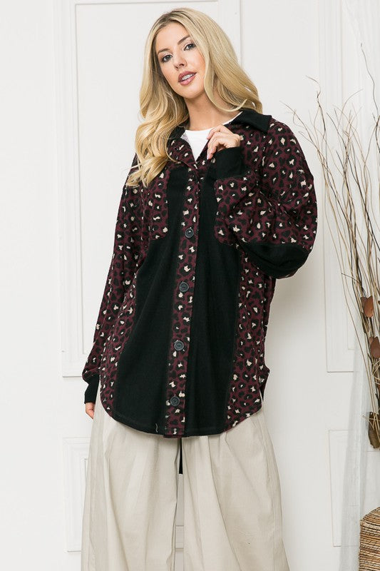 Women's Plaid Oversized Pockets Tunic Length Elbow Patch Shacket | Zarnesh