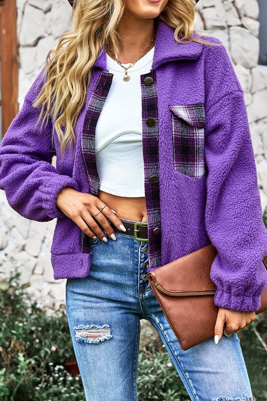 Women’s Plaid Patch Sherpa Warm Long Sleeve Jacket | Zarnesh