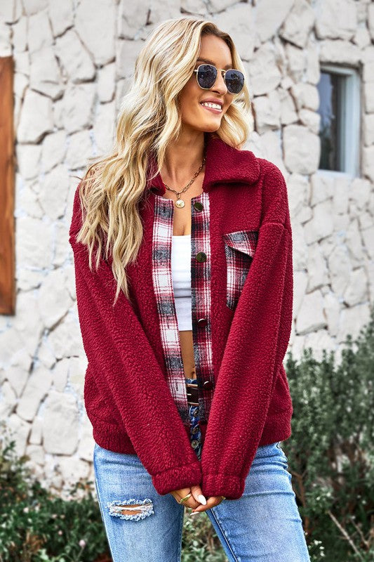 Women’s Plaid Patch Sherpa Warm Long Sleeve Jacket | Zarnesh