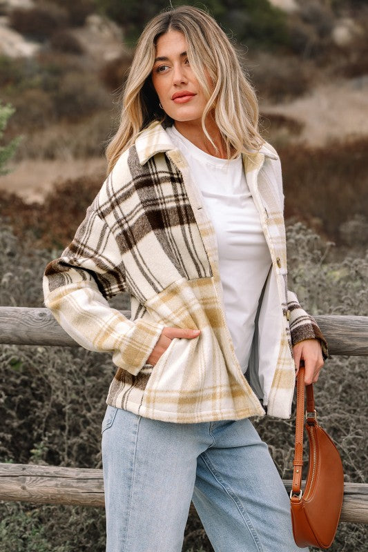 Women’s Plaid Patchwork Button-Up Side Pocket Shacket | Zarnesh