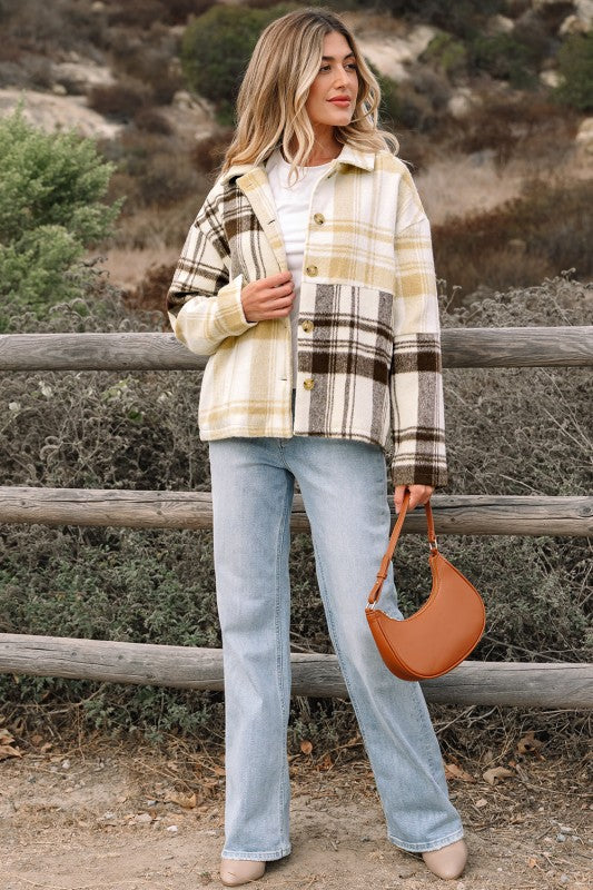 Women’s Plaid Patchwork Button-Up Side Pocket Shacket | Zarnesh