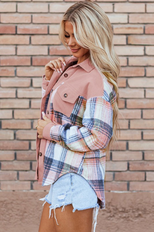 Women’s Plaid Patchwork Corduroy Button-Up Shacket | Zarnesh