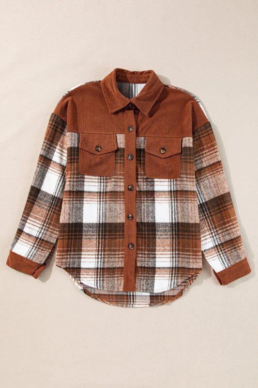 Women’s Plaid Patchwork Corduroy Button-Up Shacket | Zarnesh