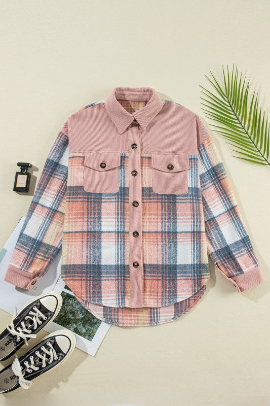 Women’s Plaid Patchwork Corduroy Button-Up Shacket | Zarnesh