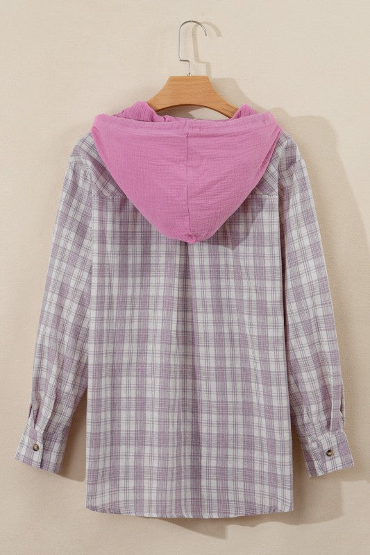 Women’s Plaid Checker Button Up Hooded Shacket | Zarnesh