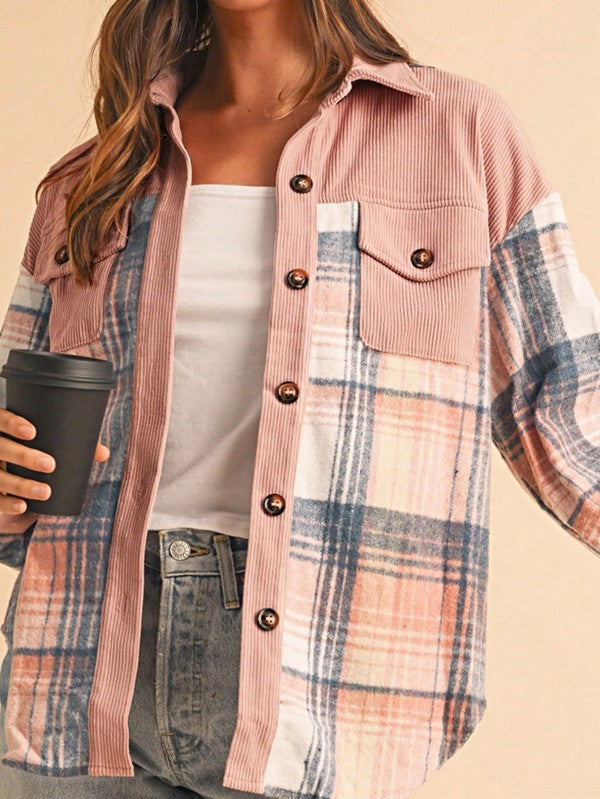 Women's Plaid Corduroy Patch Pocket Loose Shacket Shirt | Zarnesh
