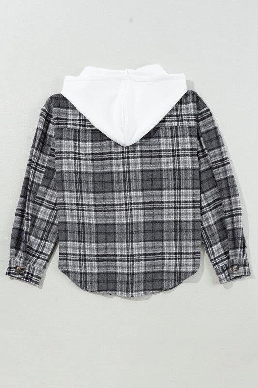 Women’s Plaid Pocketed Plaid Button Up Hooded Shacket | Zarnesh