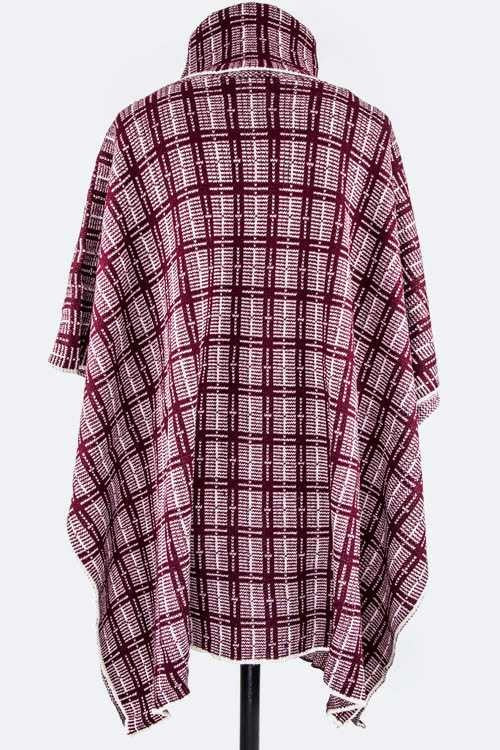 Women's Plaid Pockets Turtleneck Knit Poncho | Zarnesh