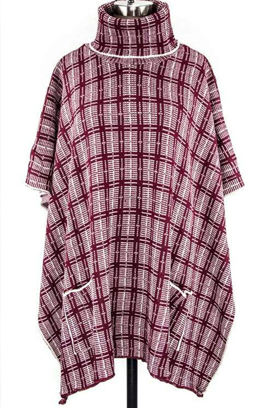 Women's Plaid Pockets Turtleneck Knit Poncho | Zarnesh