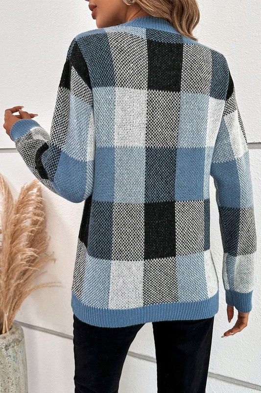 Women’s Plaid Print Round Neck Knit Loose Fit Sweater | Zarnesh