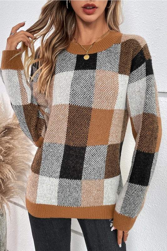 Women’s Plaid Print Round Neck Knit Loose Fit Sweater | Zarnesh
