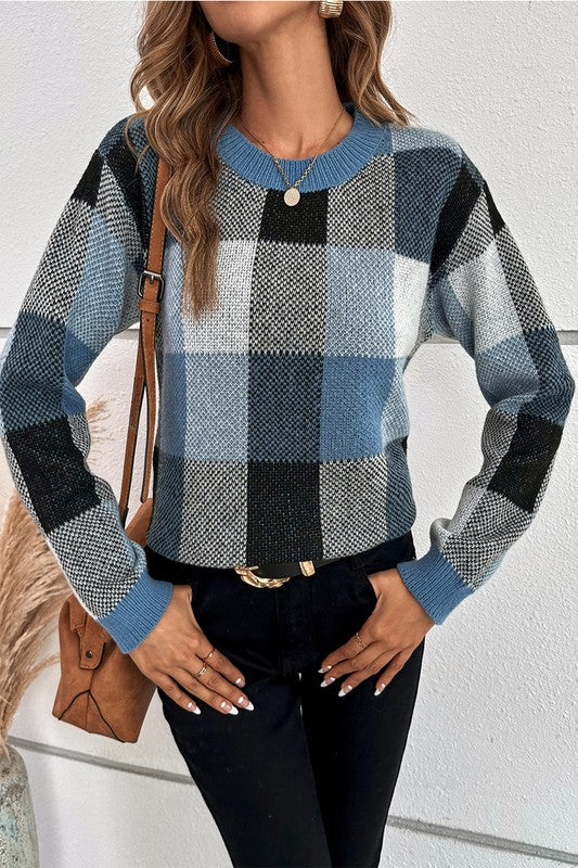 Women’s Plaid Print Round Neck Knit Loose Fit Sweater | Zarnesh