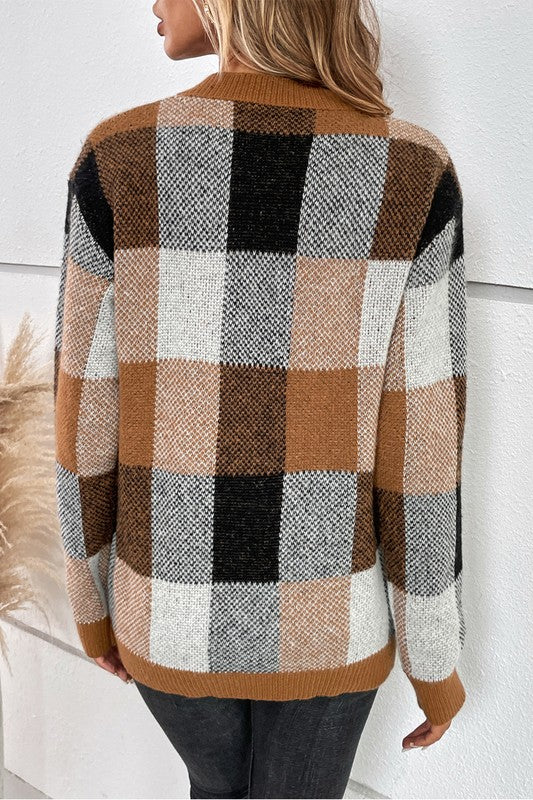 Women’s Plaid Print Round Neck Knit Loose Fit Sweater | Zarnesh