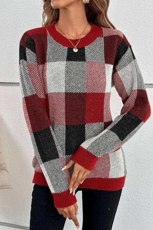 Women’s Plaid Print Round Neck Knit Loose Fit Sweater | Zarnesh