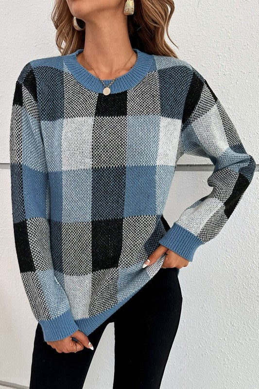 Women’s Plaid Print Round Neck Knit Loose Fit Sweater | Zarnesh