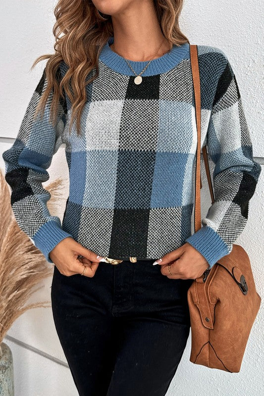 Women’s Plaid Print Round Neck Knit Loose Fit Sweater | Zarnesh