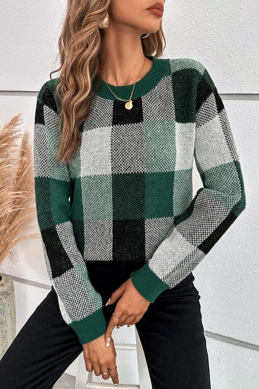 Women’s Plaid Print Round Neck Knit Loose Fit Sweater | Zarnesh