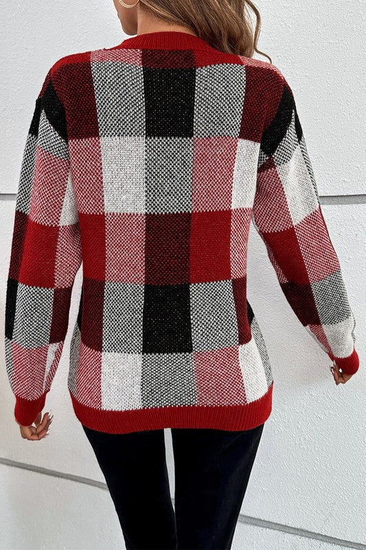 Women’s Plaid Print Round Neck Knit Loose Fit Sweater | Zarnesh